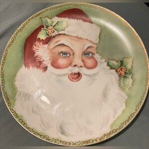 RARE VINTAGE HOLIDAY CHINA HAND PAINTED 10" SANTA PLATE GOLD TRIM SIGNED GERMANY